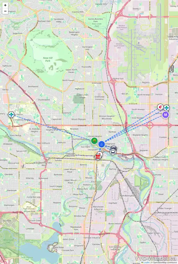 Daily accessibility map for 203 412 2 AV NE, Calgary showing nearby schools, grocery stores, parks, LRT stations and nearby amenities