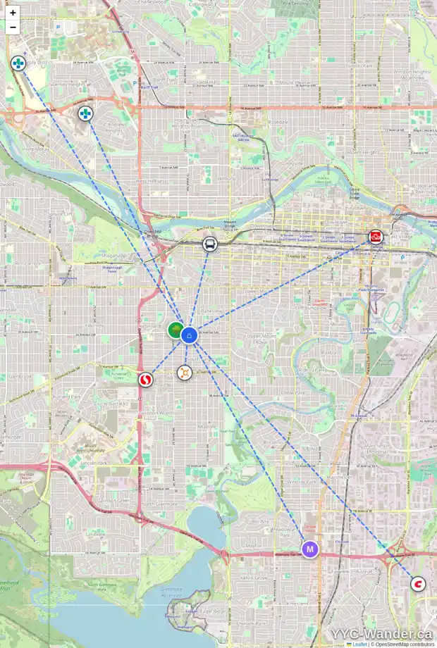Daily accessibility map for 1919 26 AV SW, Calgary showing nearby schools, grocery stores, parks, LRT stations and nearby amenities