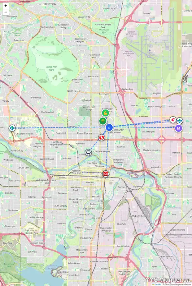 Daily accessibility map for 441B 25 AV NE, Calgary showing nearby schools, grocery stores, parks, LRT stations and nearby amenities