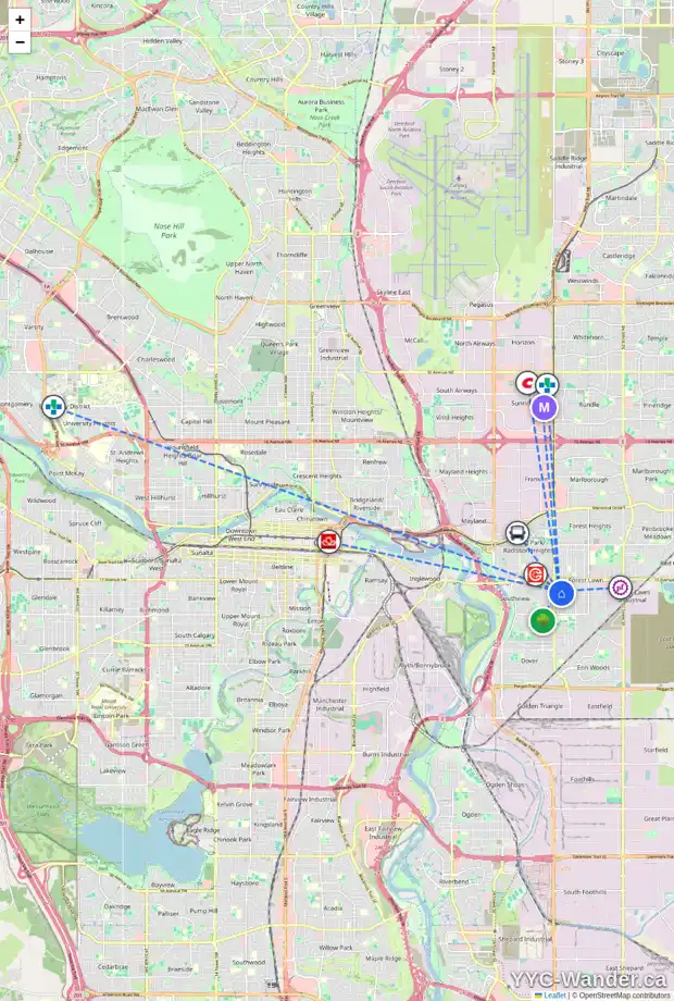 Daily accessibility map for 2022 37 ST SE, Calgary showing nearby schools, grocery stores, parks, LRT stations and nearby amenities