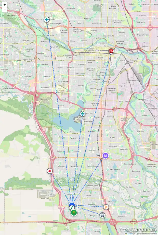 Daily accessibility map for 2208 2371 EVERSYDE AV SW, Calgary showing nearby schools, grocery stores, parks, LRT stations and nearby amenities