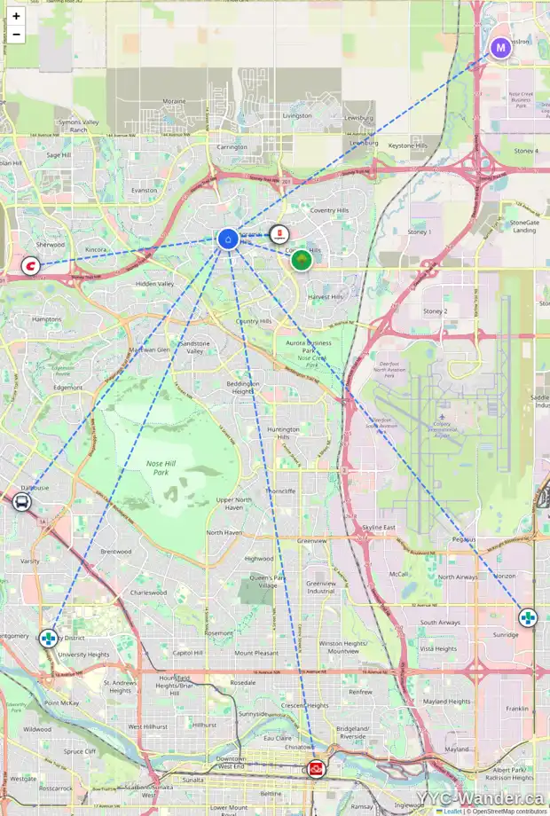 Daily accessibility map for 26 PANAMOUNT VI NW, Calgary showing nearby schools, grocery stores, parks, LRT stations and nearby amenities
