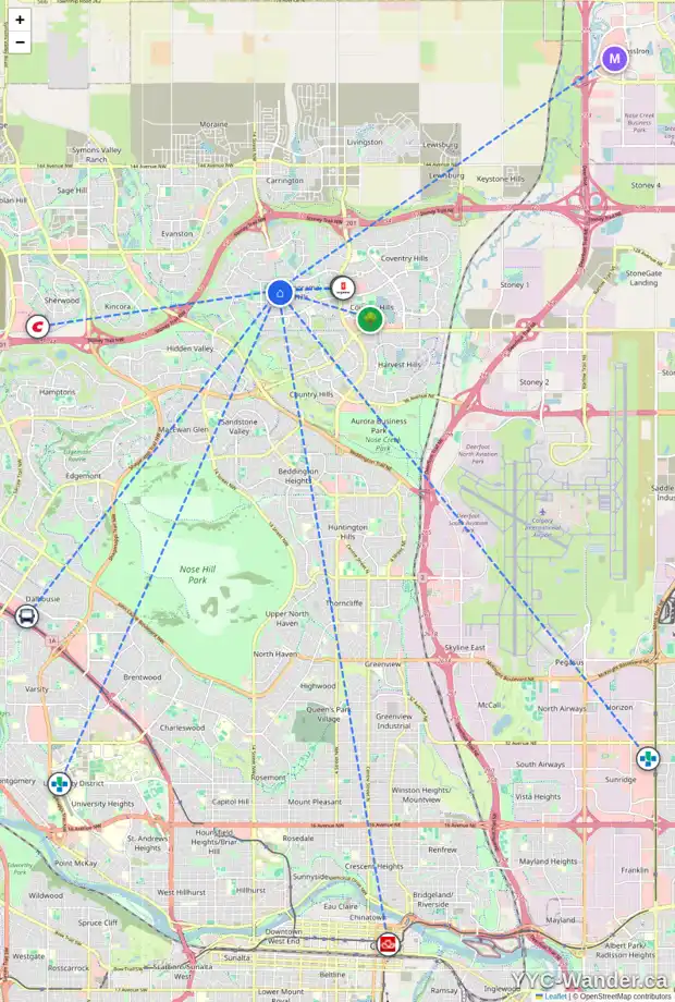 Daily accessibility map for 30 PANAMOUNT VI NW, Calgary showing nearby schools, grocery stores, parks, LRT stations and nearby amenities