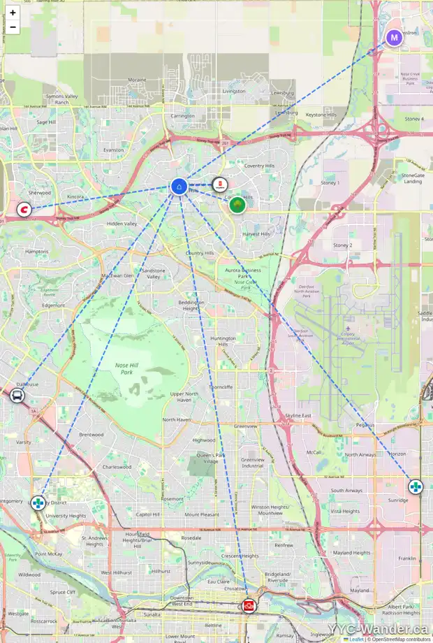 Daily accessibility map for 42 PANAMOUNT VI NW, Calgary showing nearby schools, grocery stores, parks, LRT stations and nearby amenities