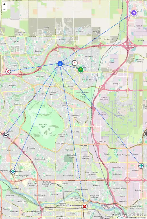 Daily accessibility map for 66 PANAMOUNT VI NW, Calgary showing nearby schools, grocery stores, parks, LRT stations and nearby amenities