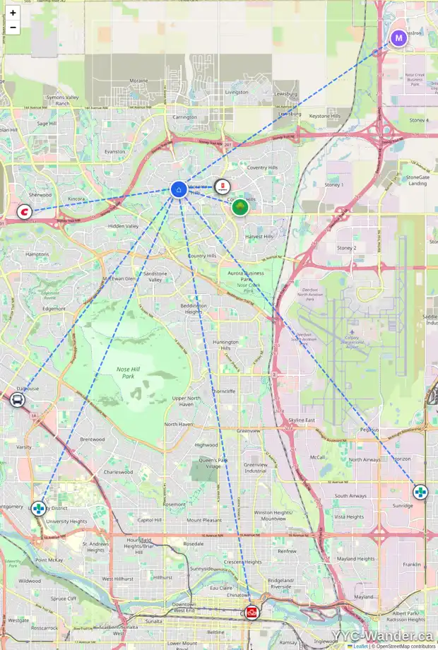 Daily accessibility map for 70 PANAMOUNT VI NW, Calgary showing nearby schools, grocery stores, parks, LRT stations and nearby amenities