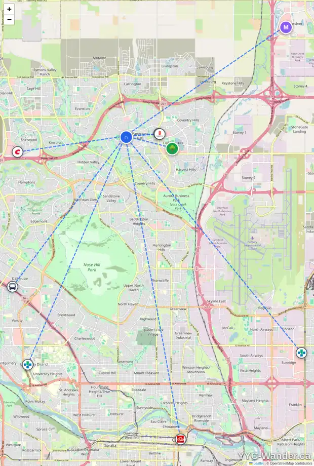 Daily accessibility map for 116 PANAMOUNT VI NW, Calgary showing nearby schools, grocery stores, parks, LRT stations and nearby amenities