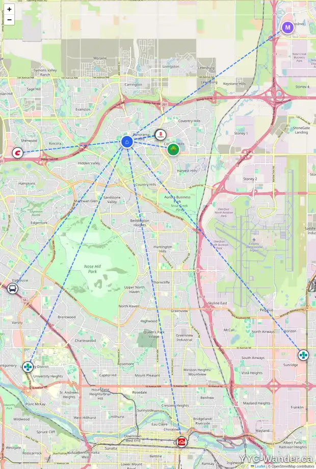 Daily accessibility map for 170 PANAMOUNT VI NW, Calgary showing nearby schools, grocery stores, parks, LRT stations and nearby amenities