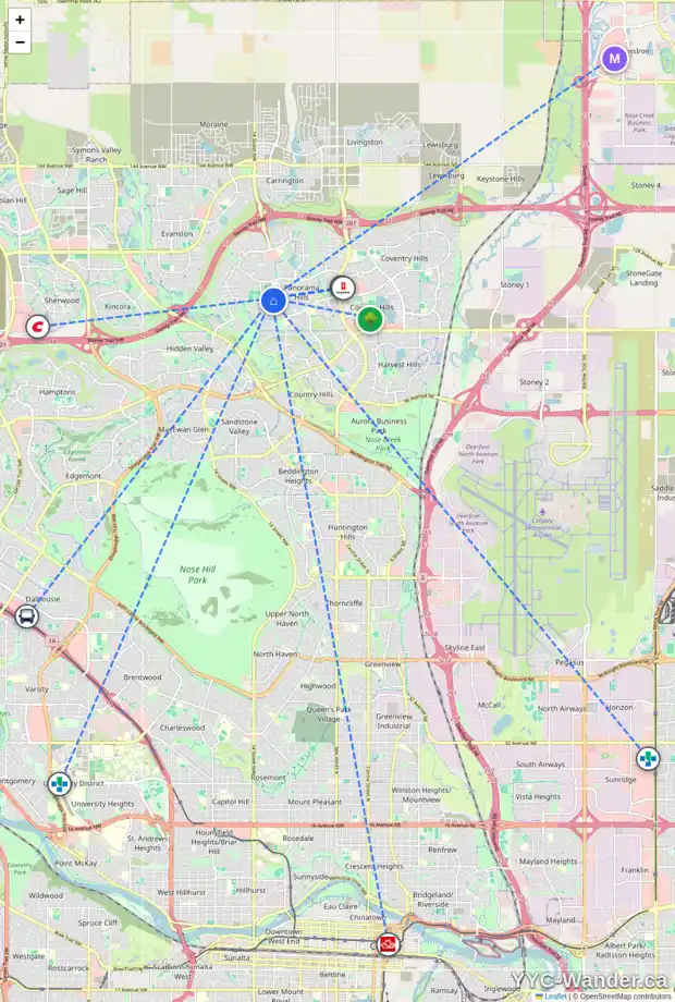 Daily accessibility map for 157 PANAMOUNT VI NW, Calgary showing nearby schools, grocery stores, parks, LRT stations and nearby amenities