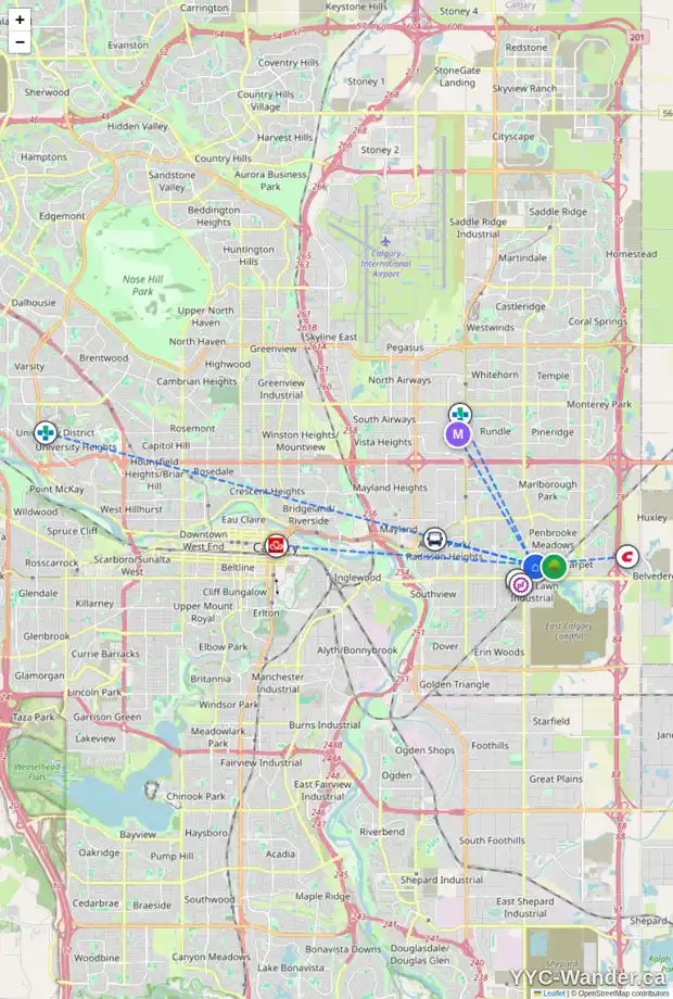 Daily accessibility map for 1449 PENSACOLA WY SE, Calgary showing nearby schools, grocery stores, parks, LRT stations and nearby amenities