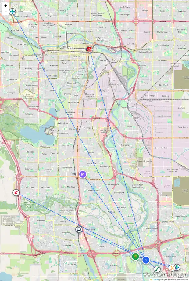 Daily accessibility map for 110 CRANLEIGH WY SE, Calgary showing nearby schools, grocery stores, parks, LRT stations and nearby amenities