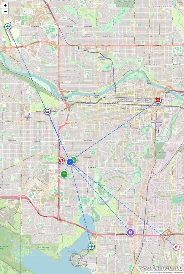 Daily accessibility map for 2144 35 AV SW, Calgary showing nearby schools, grocery stores, parks, LRT stations and nearby amenities