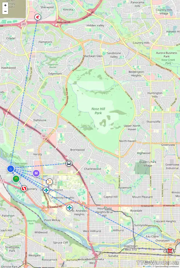 Daily accessibility map for 1 6202 BOWNESS RD NW, Calgary showing nearby schools, grocery stores, parks, LRT stations and nearby amenities
