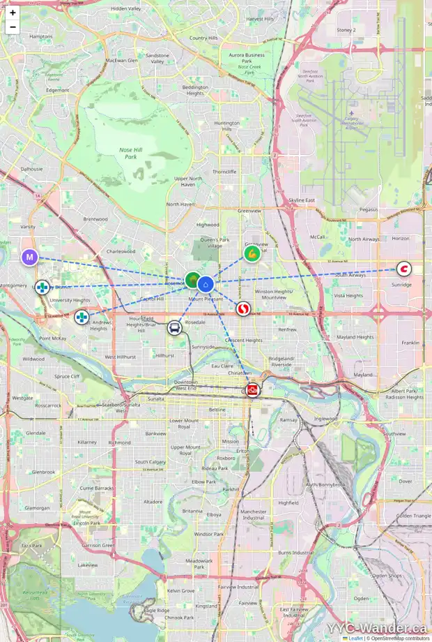Daily accessibility map for 714 25 AV NW, Calgary showing nearby schools, grocery stores, parks, LRT stations and nearby amenities