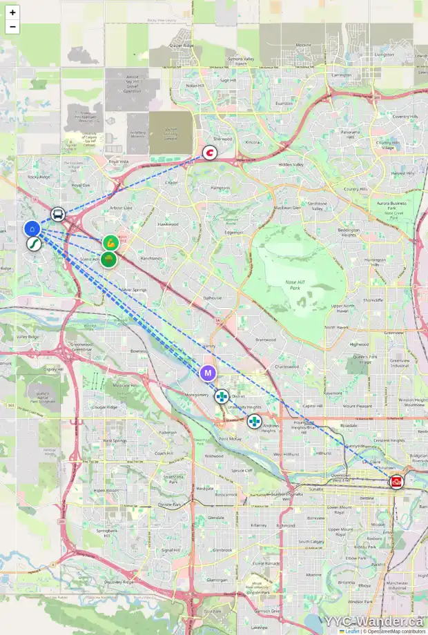 Daily accessibility map for 124 TUSCANY VALLEY RI NW, Calgary showing nearby schools, grocery stores, parks, LRT stations and nearby amenities