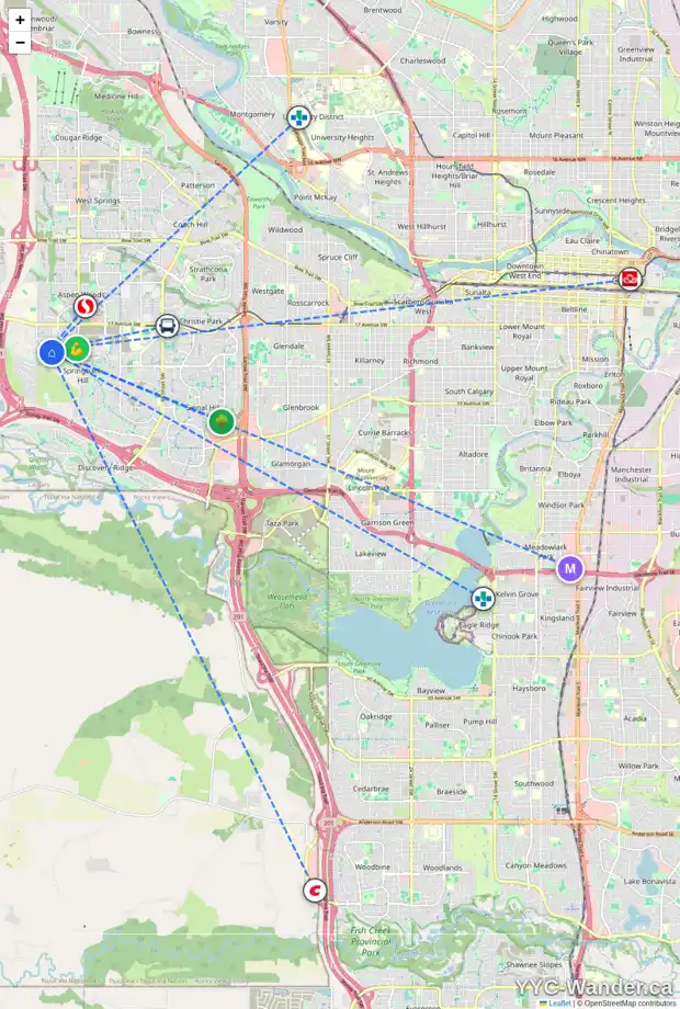 Daily accessibility map for 117 CORTINA BA SW, Calgary showing nearby schools, grocery stores, parks, LRT stations and nearby amenities