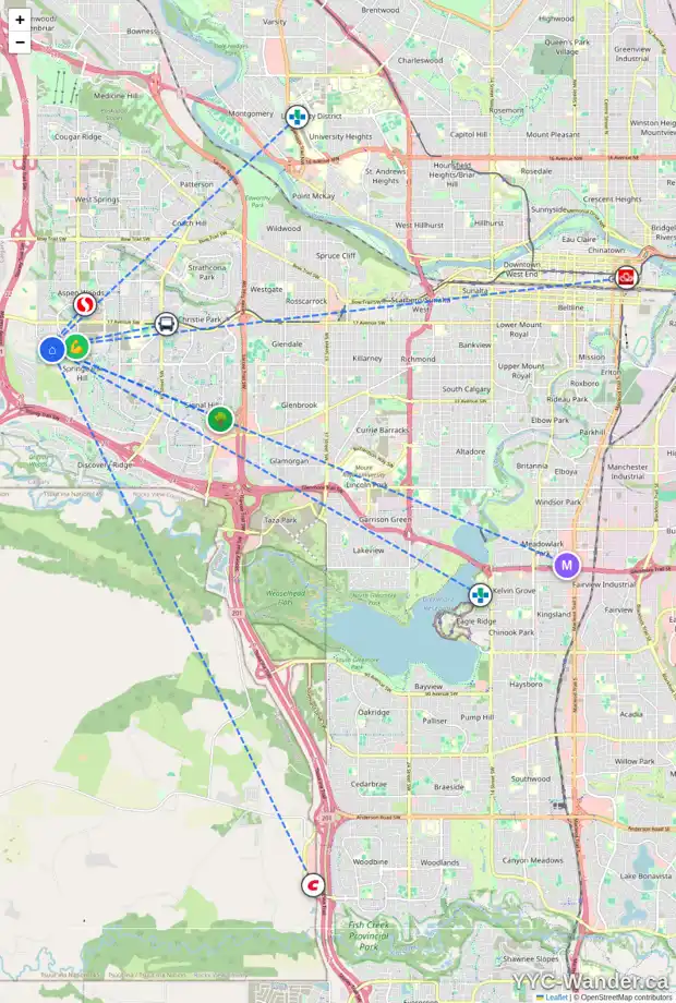 Daily accessibility map for 121 CORTINA BA SW, Calgary showing nearby schools, grocery stores, parks, LRT stations and nearby amenities