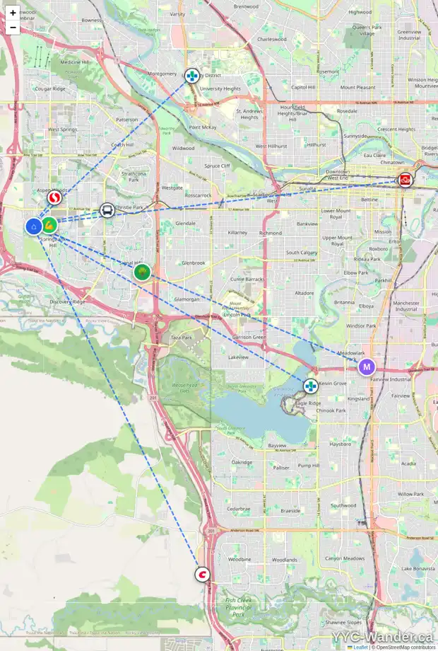 Daily accessibility map for 125 CORTINA BA SW, Calgary showing nearby schools, grocery stores, parks, LRT stations and nearby amenities