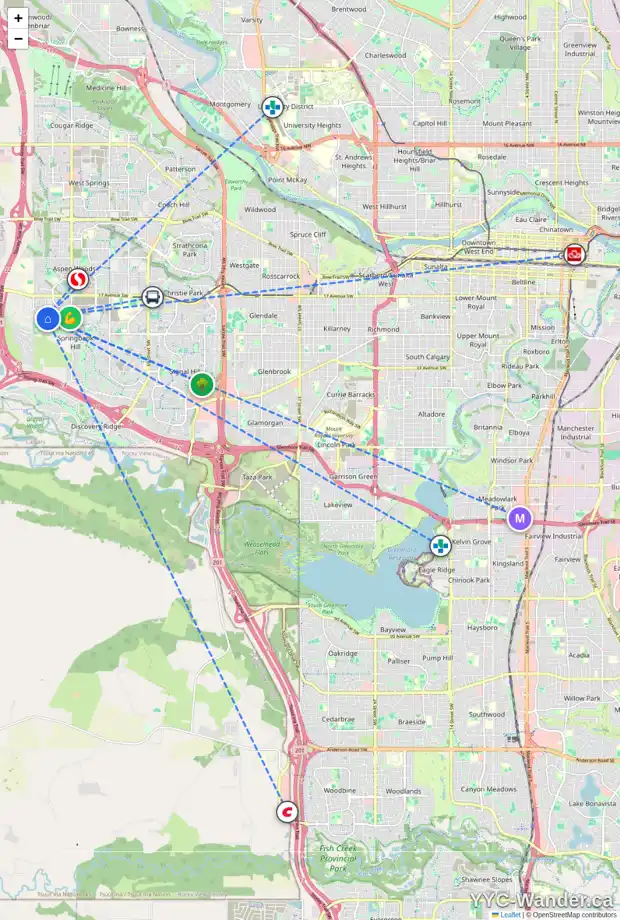 Daily accessibility map for 133 CORTINA BA SW, Calgary showing nearby schools, grocery stores, parks, LRT stations and nearby amenities