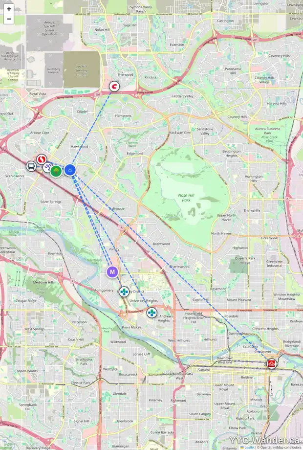 Daily accessibility map for 43 RANCHRIDGE DR NW, Calgary showing nearby schools, grocery stores, parks, LRT stations and nearby amenities