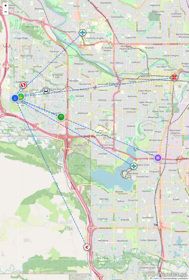 Daily accessibility map for 423 ST MORITZ DR SW, Calgary showing nearby schools, grocery stores, parks, LRT stations and nearby amenities