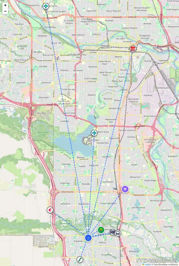 Daily accessibility map for 76 EVERGREEN RO SW, Calgary showing nearby schools, grocery stores, parks, LRT stations and nearby amenities