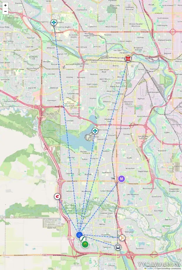 Daily accessibility map for 44 EVERSYDE PA SW, Calgary showing nearby schools, grocery stores, parks, LRT stations and nearby amenities