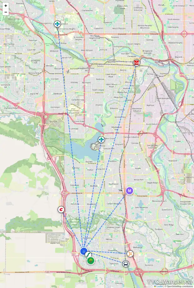 Daily accessibility map for 6 EVERRIDGE CM SW, Calgary showing nearby schools, grocery stores, parks, LRT stations and nearby amenities