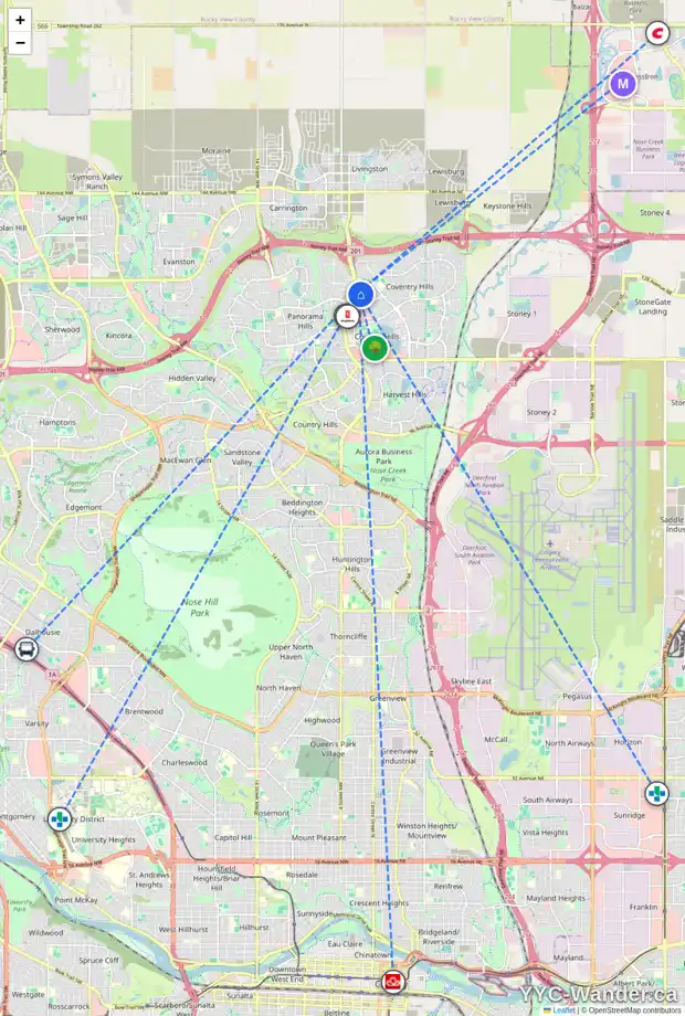 Daily accessibility map for 64 COVEHAVEN TC NE, Calgary showing nearby schools, grocery stores, parks, LRT stations and nearby amenities