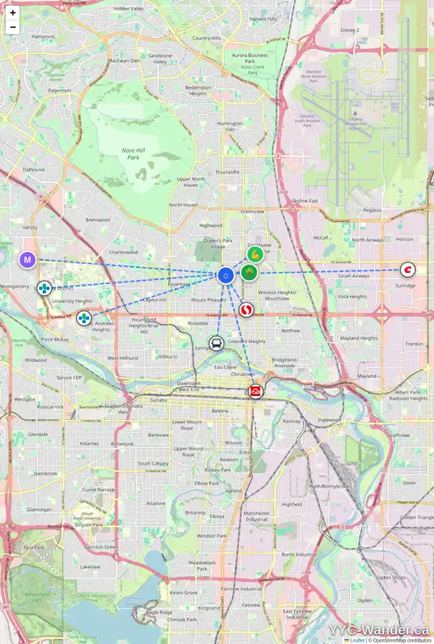 Daily accessibility map for 460 28 AV NW, Calgary showing nearby schools, grocery stores, parks, LRT stations and nearby amenities