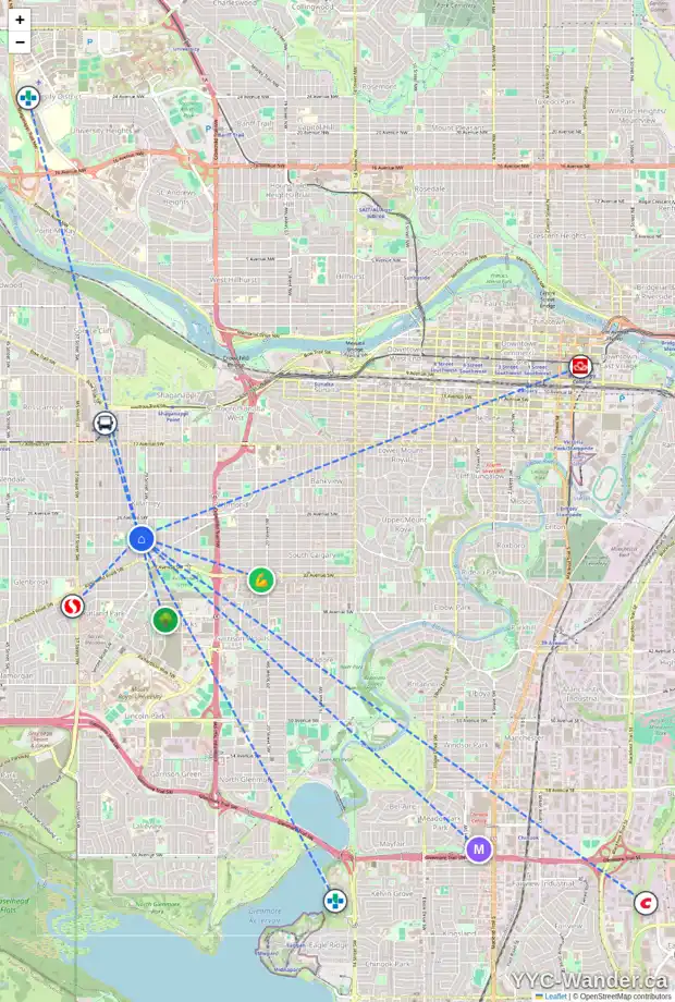 Daily accessibility map for 3012 30 ST SW, Calgary showing nearby schools, grocery stores, parks, LRT stations and nearby amenities