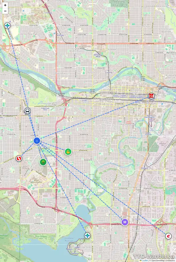 Daily accessibility map for 3010 30 ST SW, Calgary showing nearby schools, grocery stores, parks, LRT stations and nearby amenities