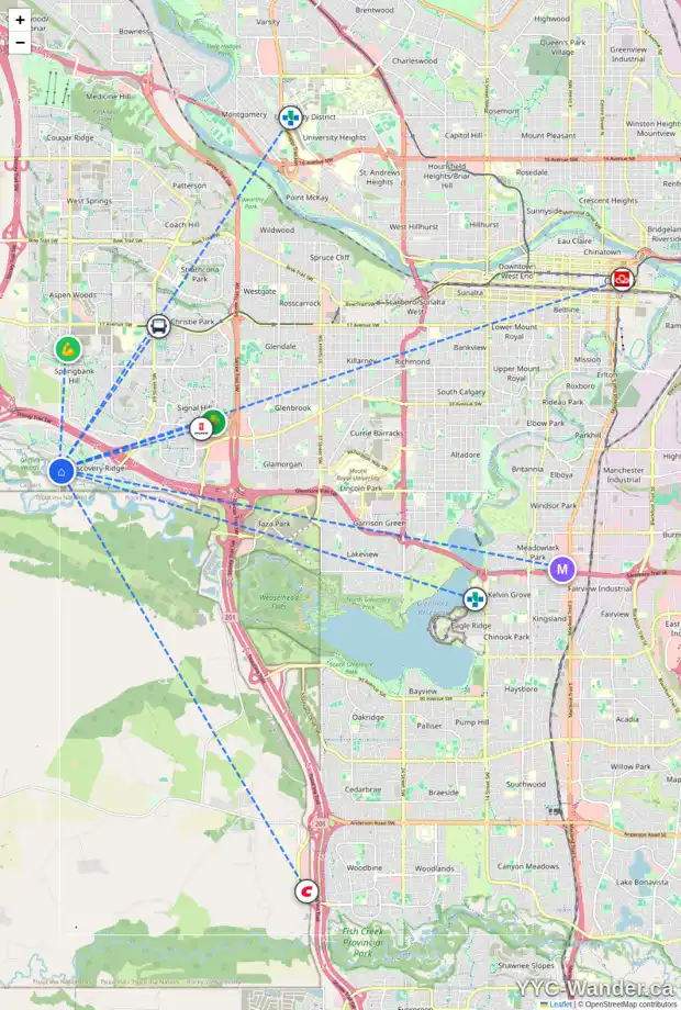 Daily accessibility map for 215 10 DISCOVERY RIDGE CL SW, Calgary showing nearby schools, grocery stores, parks, LRT stations and nearby amenities