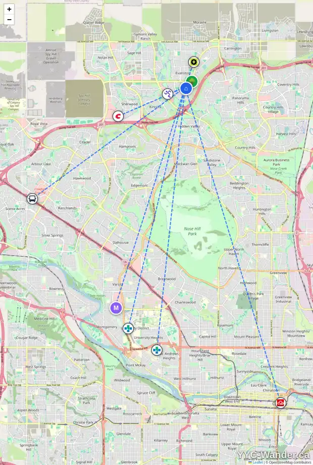Daily accessibility map for 51 EVANSCOVE PL NW, Calgary showing nearby schools, grocery stores, parks, LRT stations and nearby amenities
