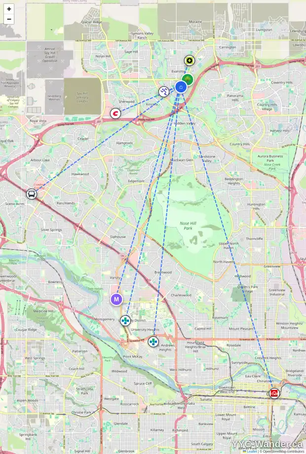 Daily accessibility map for 129 EVANSCOVE CI NW, Calgary showing nearby schools, grocery stores, parks, LRT stations and nearby amenities