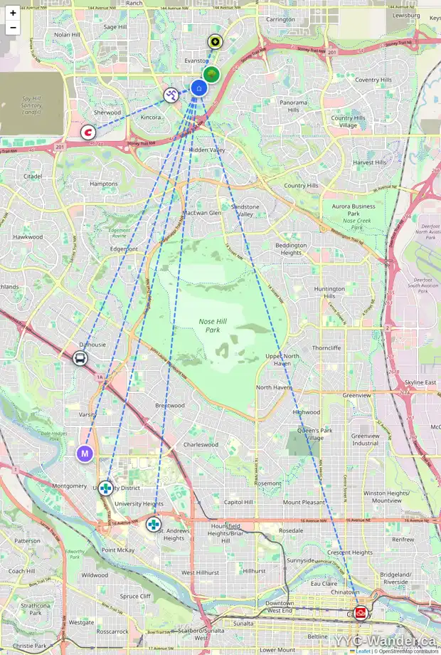 Daily accessibility map for 169 EVANSCOVE CI NW, Calgary showing nearby schools, grocery stores, parks, LRT stations and nearby amenities