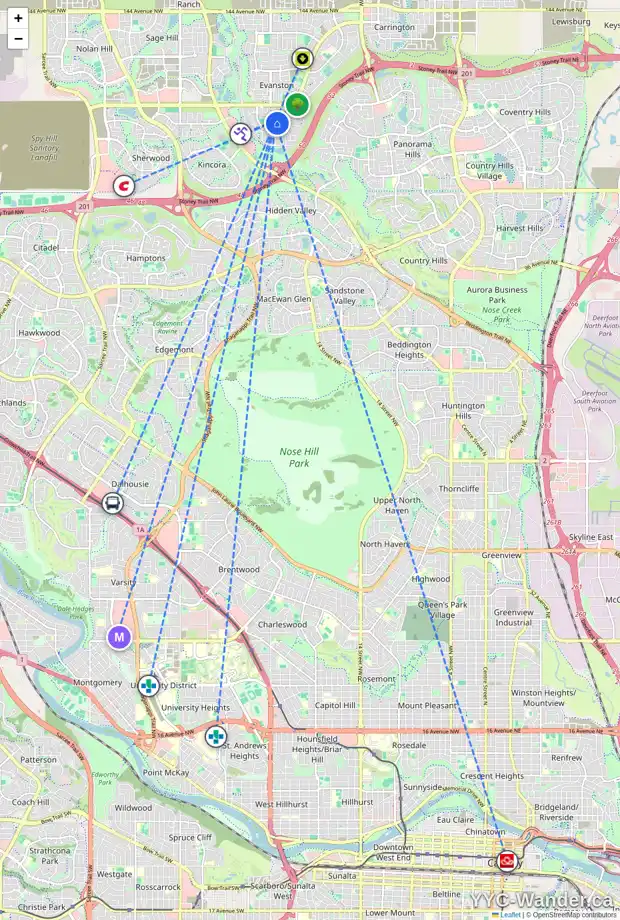 Daily accessibility map for 189 EVANSCOVE CI NW, Calgary showing nearby schools, grocery stores, parks, LRT stations and nearby amenities