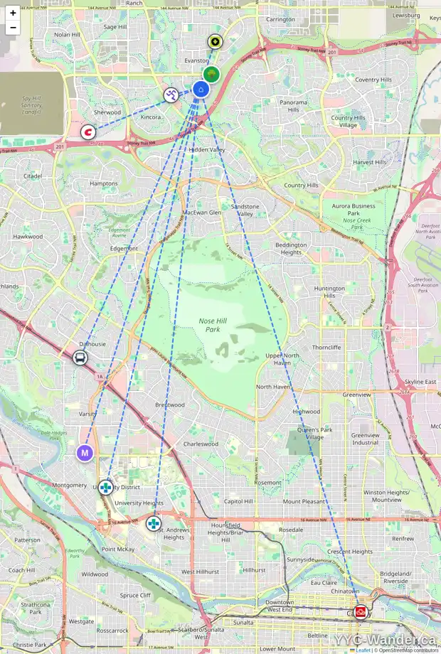 Daily accessibility map for 162 EVANSCOVE CI NW, Calgary showing nearby schools, grocery stores, parks, LRT stations and nearby amenities