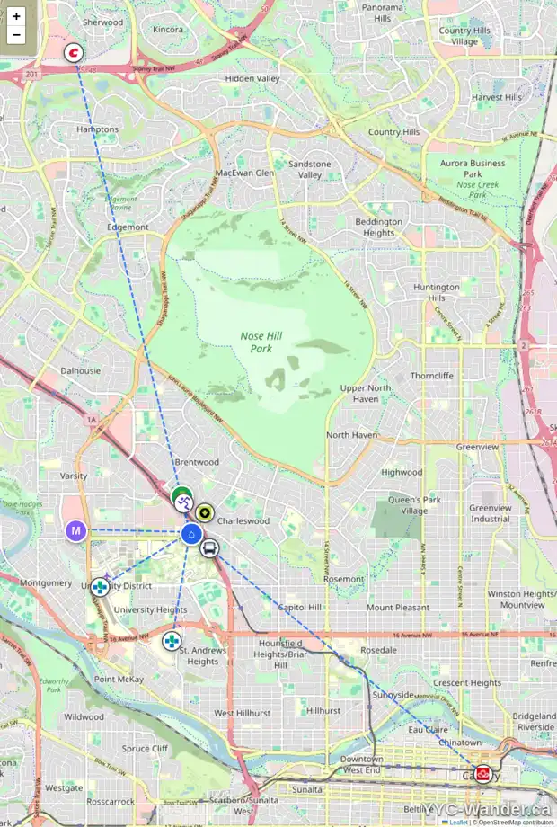 Daily accessibility map for 232 3111 34 AV NW, Calgary showing nearby schools, grocery stores, parks, LRT stations and nearby amenities