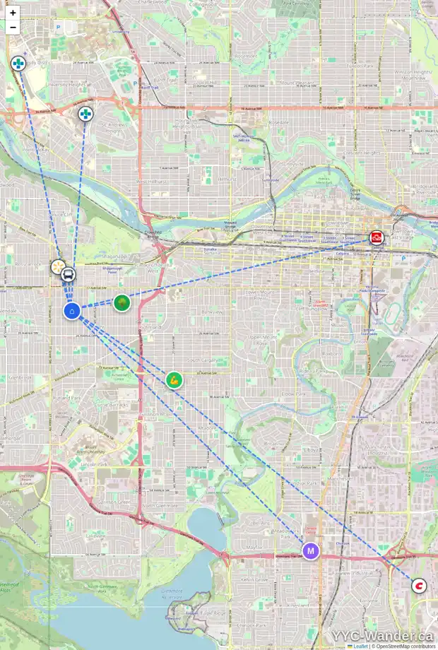 Daily accessibility map for 2209 33 ST SW, Calgary showing nearby schools, grocery stores, parks, LRT stations and nearby amenities