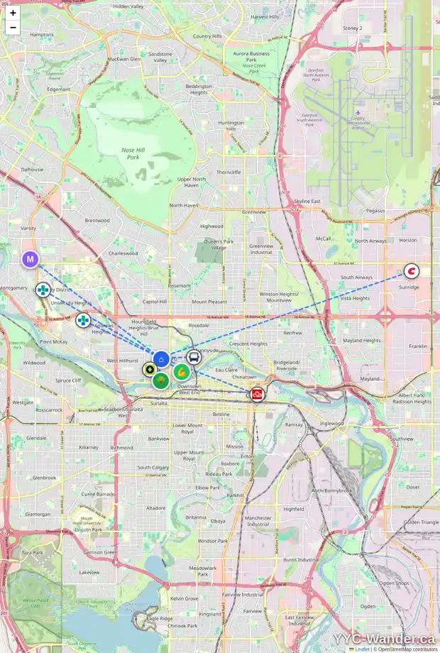Daily accessibility map for 416 16A ST NW, Calgary showing nearby schools, grocery stores, parks, LRT stations and nearby amenities