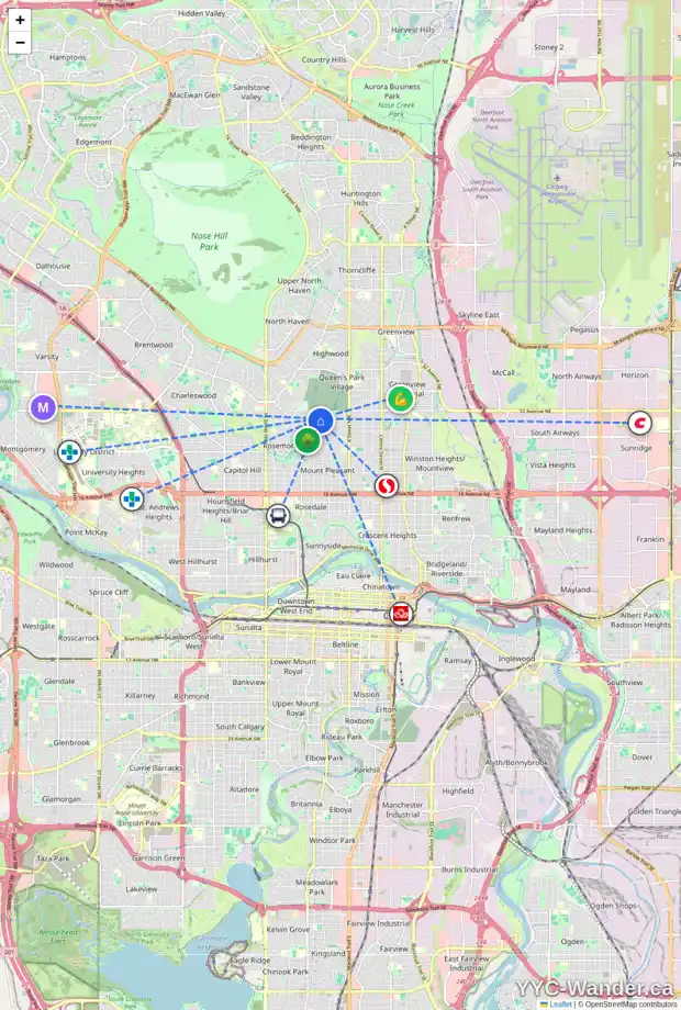Daily accessibility map for 3103 7 ST NW, Calgary showing nearby schools, grocery stores, parks, LRT stations and nearby amenities