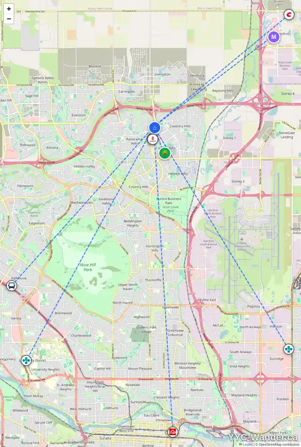 Daily accessibility map for 130 PANATELLA PA NW, Calgary showing nearby schools, grocery stores, parks, LRT stations and nearby amenities