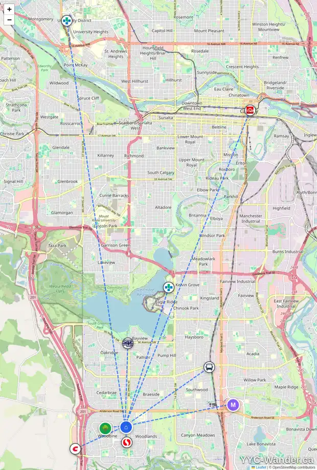 Daily accessibility map for 12 WOODGLEN ME SW, Calgary showing nearby schools, grocery stores, parks, LRT stations and nearby amenities