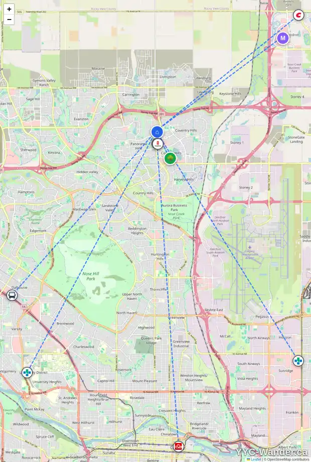 Daily accessibility map for 214 PANATELLA PA NW, Calgary showing nearby schools, grocery stores, parks, LRT stations and nearby amenities