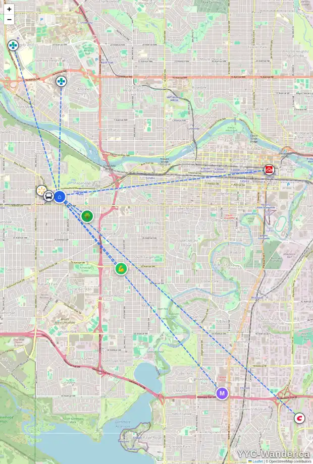 Daily accessibility map for 3204 14 AV SW, Calgary showing nearby schools, grocery stores, parks, LRT stations and nearby amenities