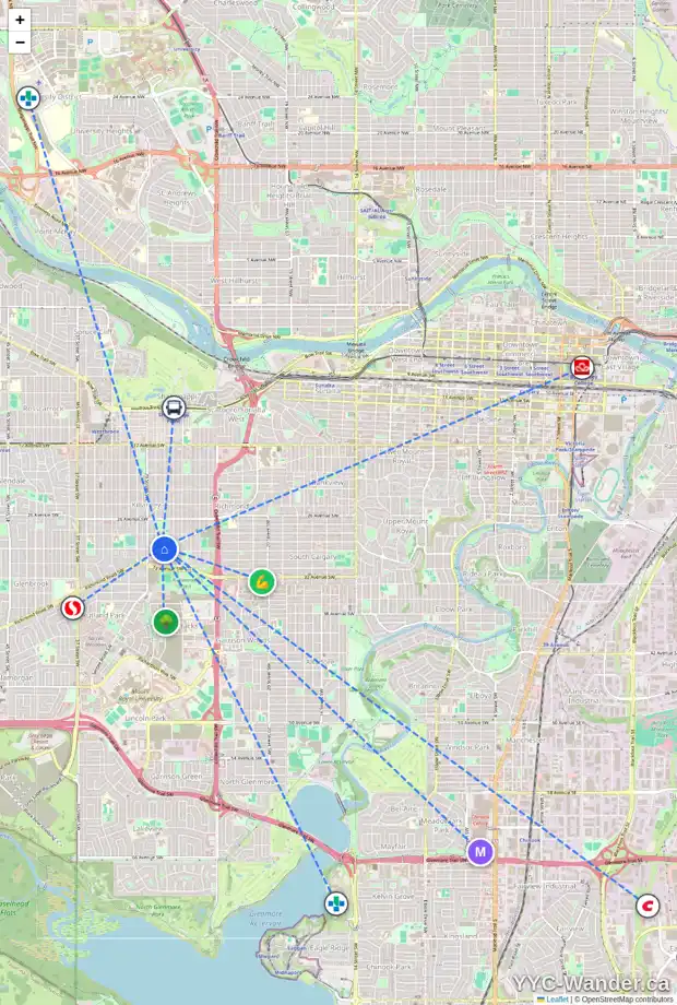 Daily accessibility map for 3037 27 ST SW, Calgary showing nearby schools, grocery stores, parks, LRT stations and nearby amenities