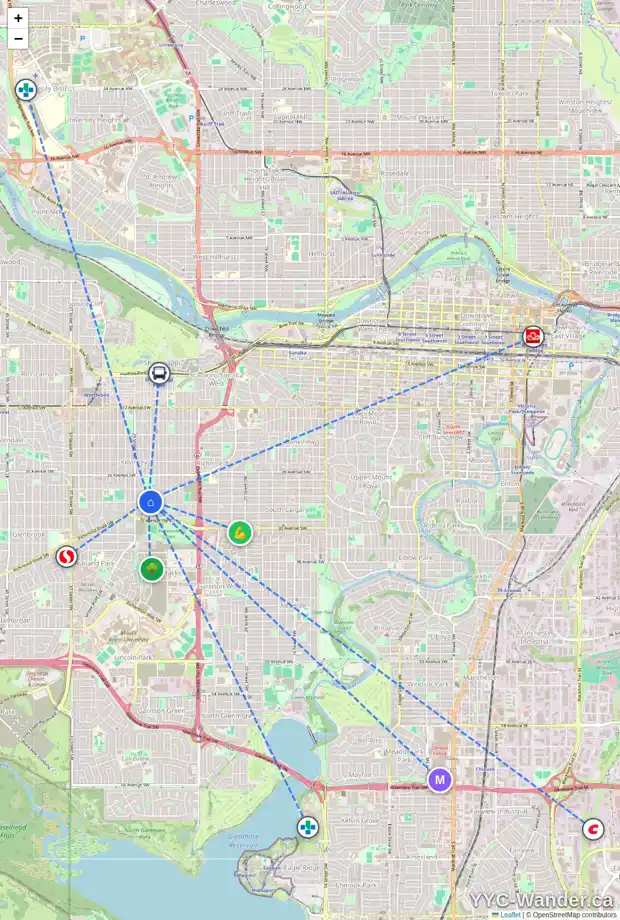 Daily accessibility map for 3035 27 ST SW, Calgary showing nearby schools, grocery stores, parks, LRT stations and nearby amenities