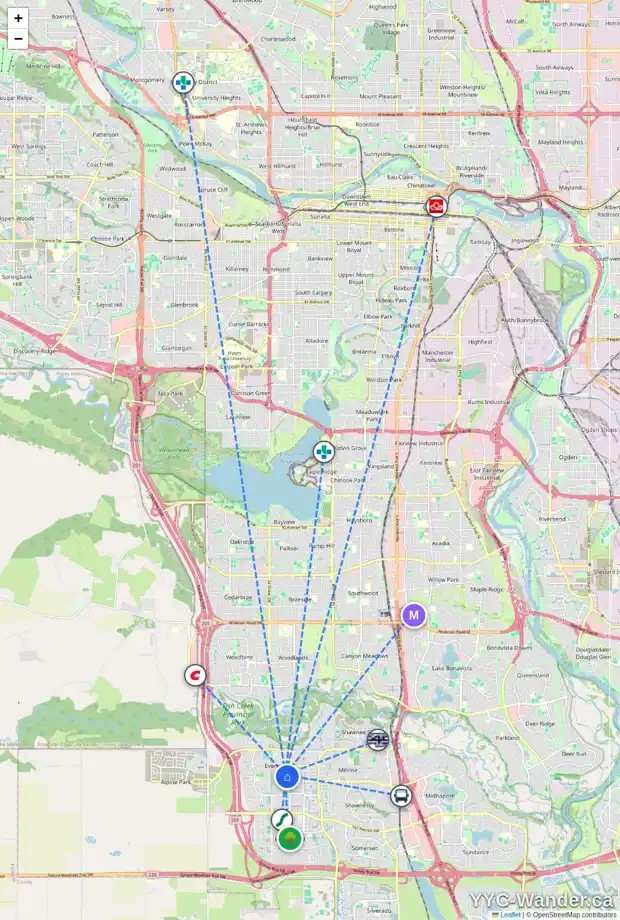 Daily accessibility map for 69 EVEROAK CI SW, Calgary showing nearby schools, grocery stores, parks, LRT stations and nearby amenities