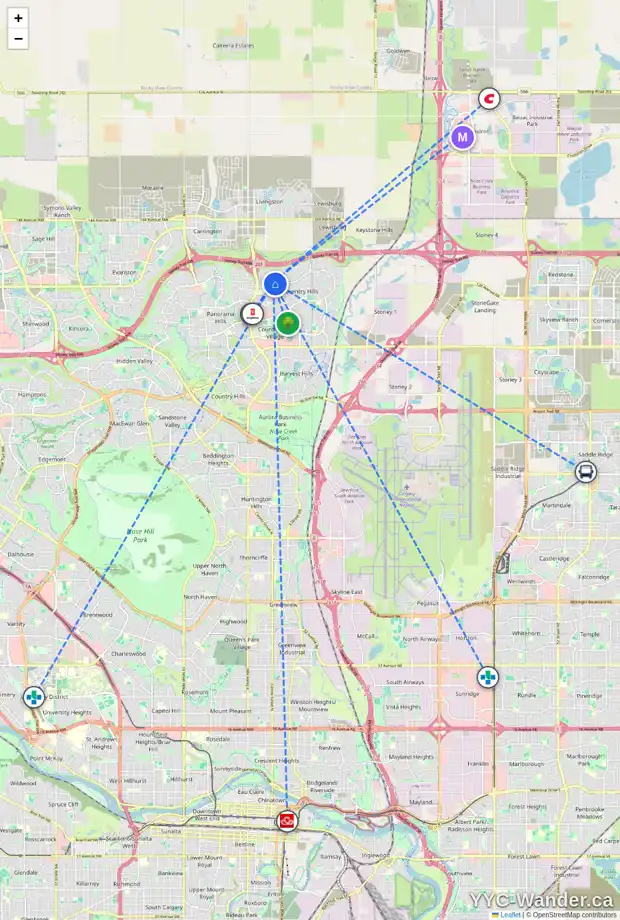 Daily accessibility map for 2 COVEMEADOW RD NE, Calgary showing nearby schools, grocery stores, parks, LRT stations and nearby amenities